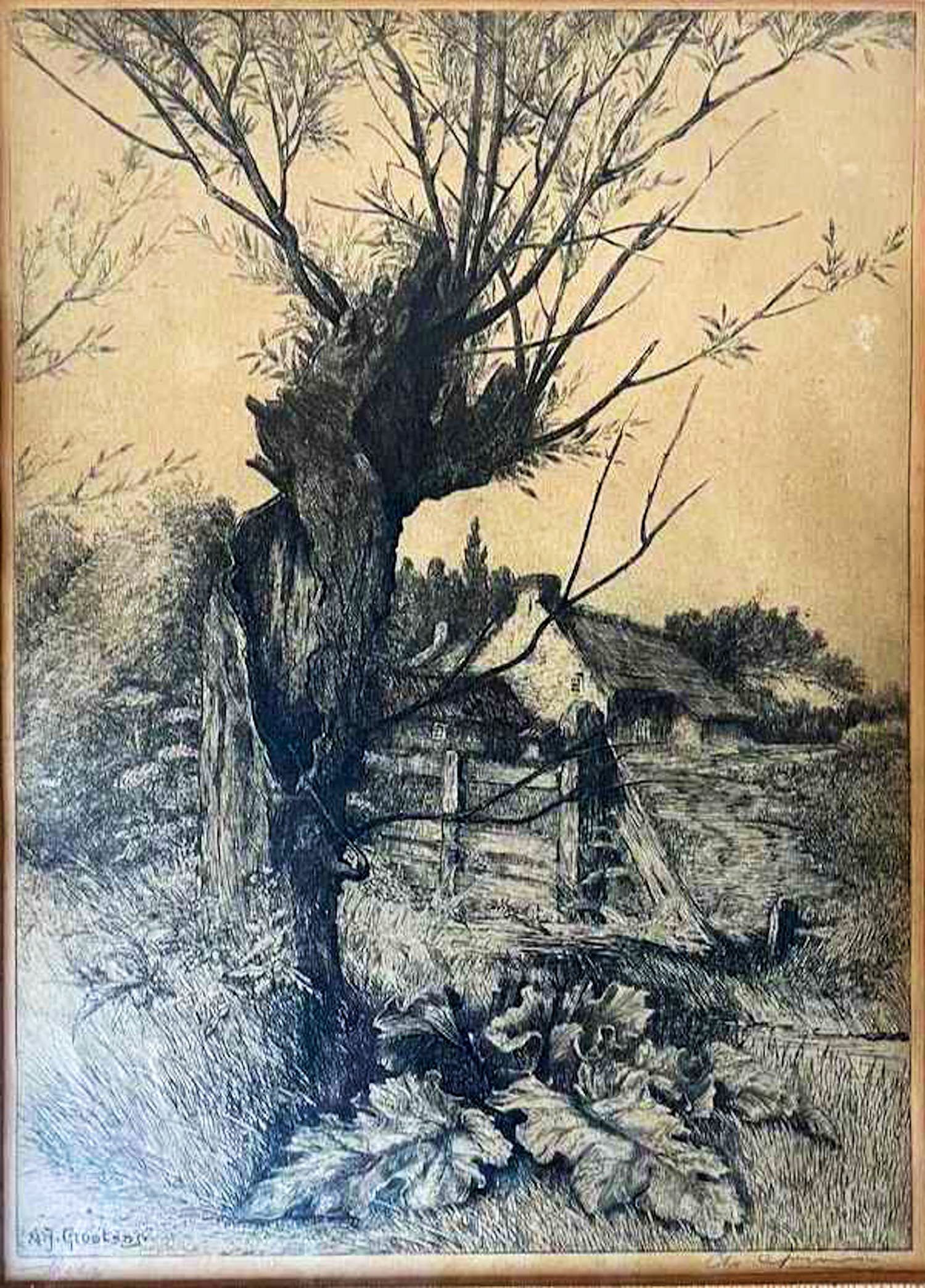 Adrianus Johannes Grootens - Wilg bij boerderij - Lithografie, Ingelijst verkocht voor € 40!