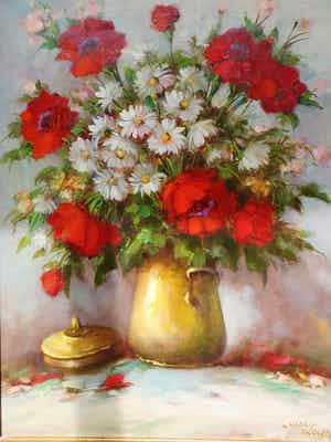 Harry Koolen - Bloemstilleven in koperen pot. verkocht voor € 149!