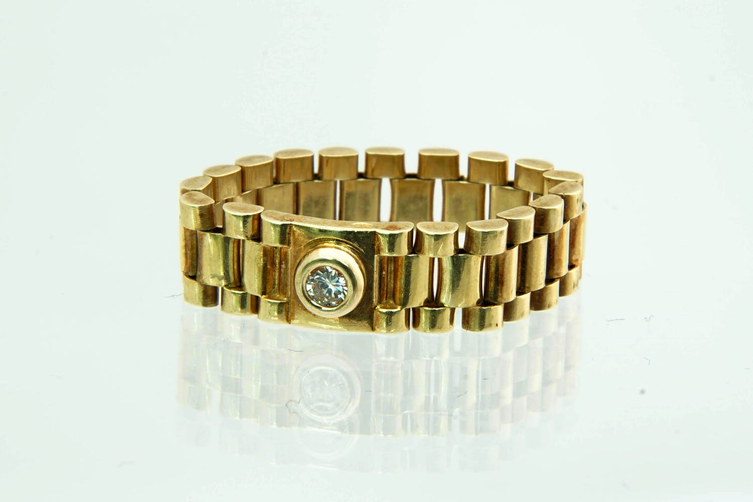 37-  Aparte 14Krt geel gouden Rolex stijl flexibele ring - met 0.05ct diamant kopen? Bied vanaf 200!