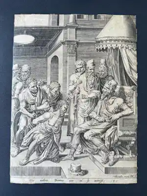Buy Maarten van Heemskerck - Der Diener wird vor den König gebracht. Philips Galle 1560? Bid from 145!