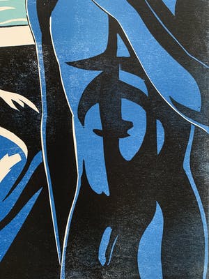 Leon Janssen - Houtsnede in zwart en blauw | 'Nachtwind' | 1987 kopen? Bied vanaf 120!