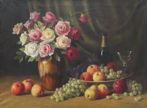 Jan Theuns - Olieverf op doek, Stilleven met bloemen en fruit kopen? Bied vanaf 1!