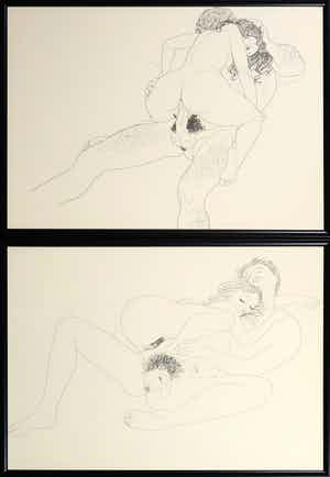 Niet of onleesbaar gesigneerd - Pentekening, Lot van twee erotische voorstellingen - Ingelijst verkocht voor € 10!