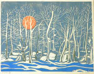 Jeanne Bieruma Oosting - Linosnede, Winterzon verkocht voor € 100!