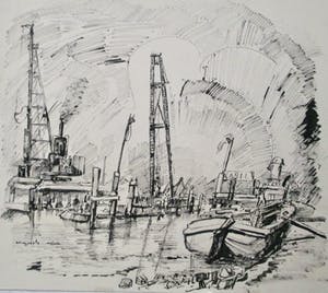 Wim Motz - Inkttekening Bouw Kleinpolderbrug kopen? Bied vanaf 65!