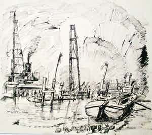 Wim Motz - Inkttekening Bouw Kleinpolderbrug verkocht voor € 65!