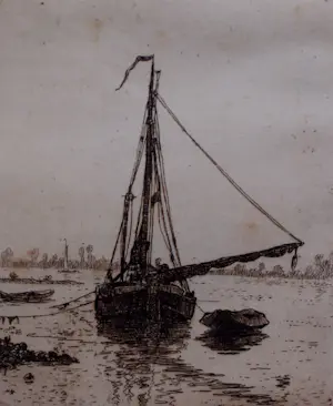 Hendrikus Roodenburg - Ingelijste ets: schip in de rivier kopen? Bied vanaf 20!