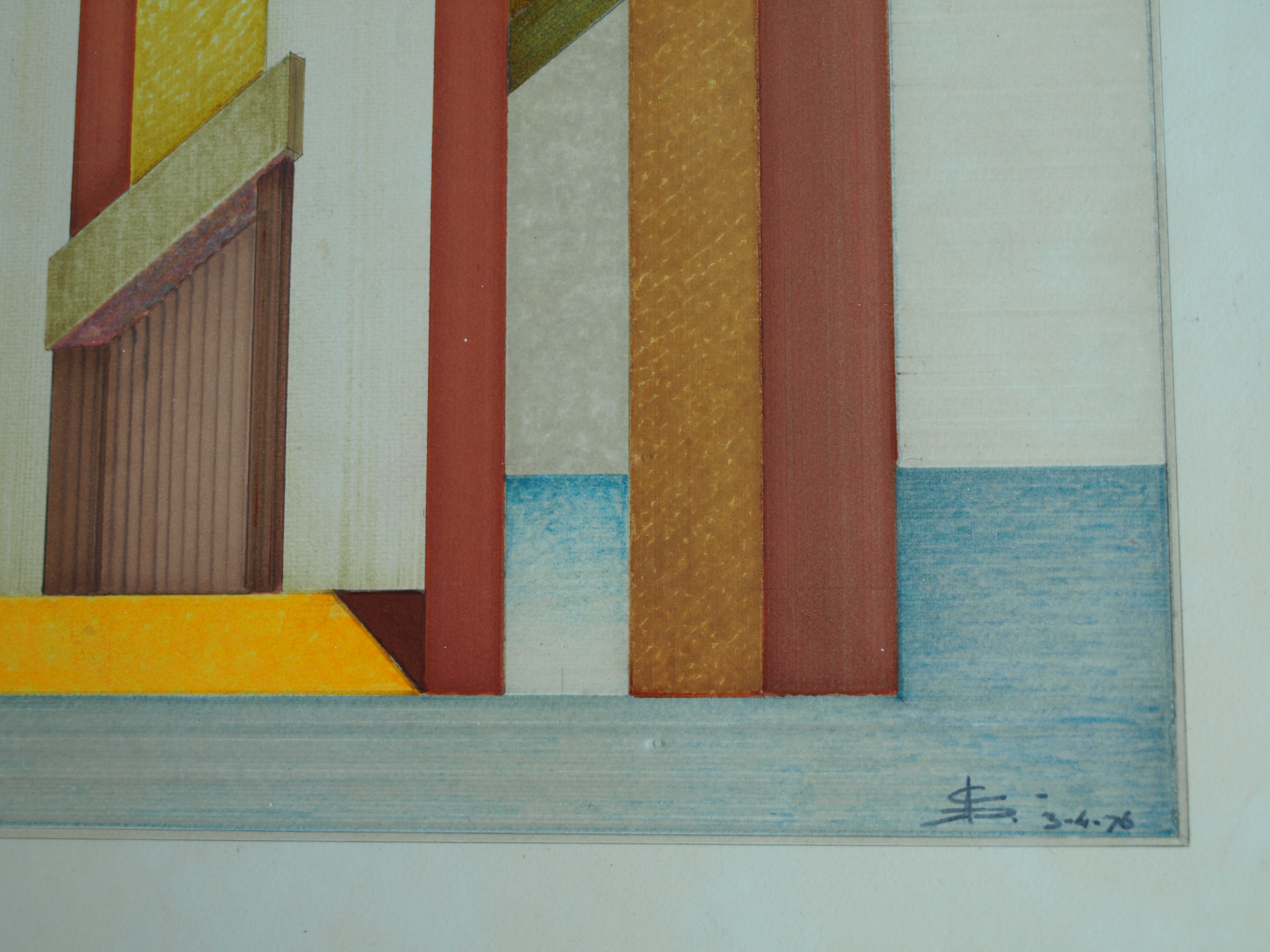 Niet of onleesbaar gesigneerd - Tekening , Bouwwerk – gesigneerd d.m.v. monogram – ingelijst - 1976  kopen? Bied vanaf 1!