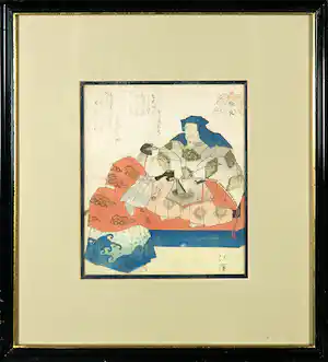 Katsushika Hokusai - Houtdruk, Heer met dienaar verkocht voor € 70!