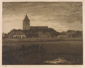 Albert Hemelman - Ets, Dorpsgezicht met kerk kopen? Bied vanaf 35!