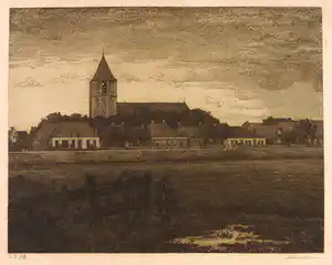 Albert Hemelman - Ets, Dorpsgezicht met kerk verkocht voor € 35!