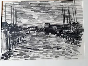 Hugo Liebe - Krijttekening, Haventje te Rijpwetering bij avond. kopen? Bied vanaf 20!