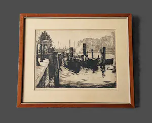 Jan Sirks - jaren 20 Ets "Leuvehavenbrug Rotterdam" potloodgesigneerd - in orig. lijst kopen? Bied vanaf 45!