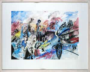 Rachid Ben Ali - Inkt en gouache op papier, Met veel - Ingelijst verkocht voor € 200!