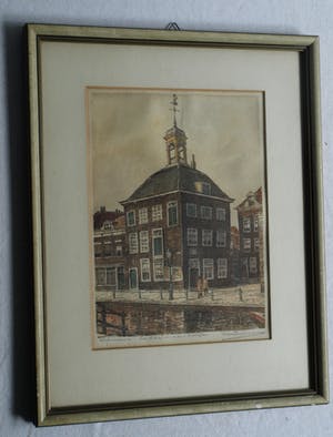 Marius Johannes Janssen - Ingelijste en ingekleurde ets , Zakkendragershuisje Schiedam – ca. 1950 kopen? Bied vanaf 35!