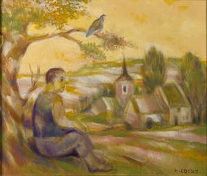 Marcel Cockx - Olieverf op doek, Figuur met landschap -Ingelijst kopen? Bied vanaf 1!