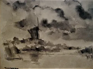 Toon Koster - Sfeervol impressionistisch Aquarel en Sepia "polderlandschap met molen" gesignee kopen? Bied vanaf 43!