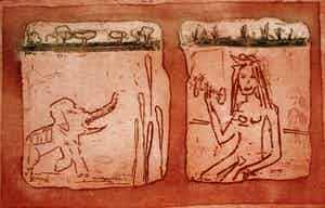 Jan Montyn - Ets: Ragine and her elephant, moment of peace - 1997 verkocht voor € 115!