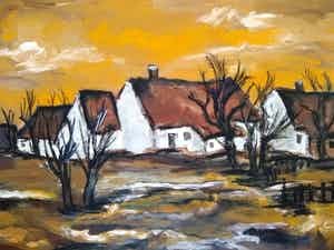Jelle Hoogstra - Boerderijen in winters landschap / groot werk verkocht voor € 1!