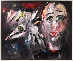 Charlotte Molenkamp - Olieverf op doek, Portret met vogel - Ingelijst (Groot) verkocht voor € 1600!