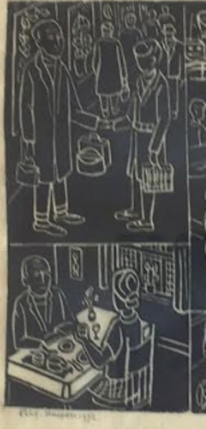 Elly Kuipers - - houtsnede - vijf jaren '70 tafereeltjes kopen? Bied vanaf 20!