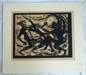 Niet of onleesbaar gesigneerd - Houtsnede , “3 Broers dansend en spelend in de zon” – 1966 kopen? Bied vanaf 1!