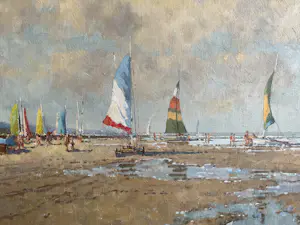 Willem Heytman - Zonnig strandtafreel met zeilbootjes kopen? Bied vanaf 750!