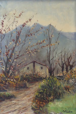 Niet of onleesbaar gesigneerd - Olieverf op doek, Landschap met boerderij - Ingelijst kopen? Bied vanaf 1!