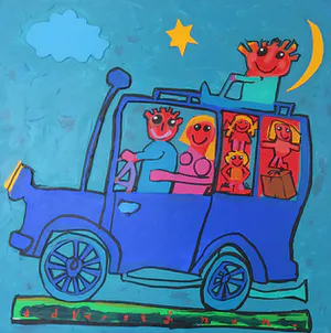 Ad Verstijnen - Acryl en collage op doek, Vakantie met de bus - Ingelijst kopen? Bied vanaf 350!