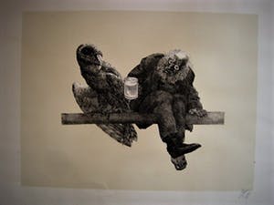 Peter Vos - bekend Utrechts Graficus & illustrator - Litho - "Oude man & uil" - VANAF 10€!!! kopen? Bied vanaf 10!