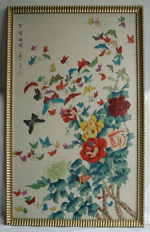 Niet of onleesbaar gesigneerd - Grote ingelijste aquarel op zijde , Japans , Vlinders – 100 x 62 cm kopen? Bied vanaf 1!