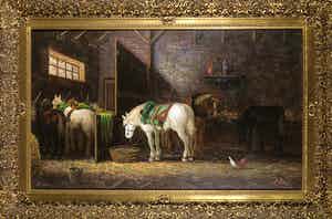 Niet of onleesbaar gesigneerd - Olieverf op doek, Stalinterieur - Ingelijst (Groot) verkocht voor € 1!