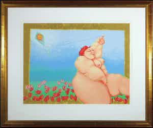 Ada Breedveld - Zeefdruk, Vrouw met vlieger - Ingelijst verkocht voor € 50!