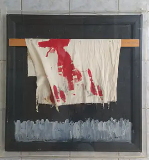 Jan de Beus - Blutender Landschaft - Olieverf en assemblage 1980 (groot) kopen? Bied vanaf 275!