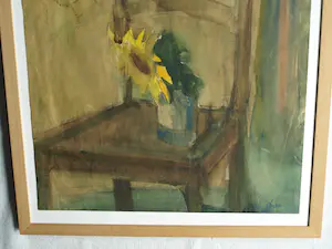 Bob ten Hoope - Ingelijste aquarel , Zonnebloem op Stoel – Lijst, 58 x 48 cm. kopen? Bied vanaf 1!