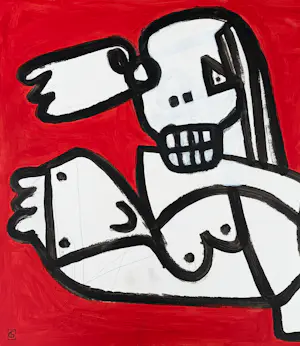 Gundi Falk - Kubistische Umarmung auf rotem Hintergrund kopen? Bied vanaf 280!