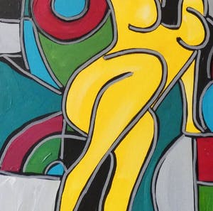 Patricia Kleyman - Acryl op doek. Titel, "Nu au vase rouge sur fond de cubisme ". kopen? Bied vanaf 120!