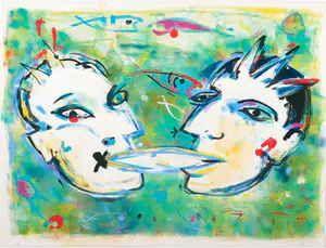 Barbara Kruyt - Gouache, Compositie met twee koppen kopen? Bied vanaf 20!