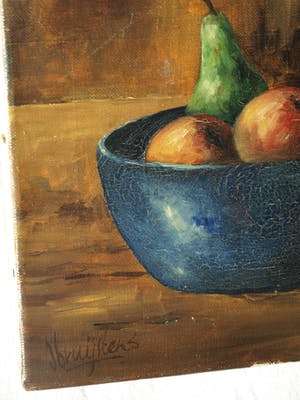 Niet of onleesbaar gesigneerd - Olieverf op doek , Stilleven met groene vaas, fruit en boeken - gesigneerd kopen? Bied vanaf 1!