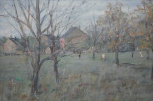 Henk Munnik - boomgaard in (Frans) dorp - olieverf 1984 kopen? Bied vanaf 35!