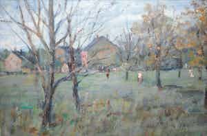 Henk Munnik - boomgaard in (Frans) dorp - olieverf 1984 verkocht voor € 35!