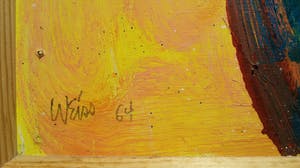 Hugh Weiss - Piloot in dubbeldekker boven fantasielandschap, olieverf op board (zeer groot!) kopen? Bied vanaf 550!