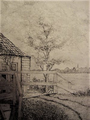 Jan Willem Lindeman - Knappe zg. Droge naald Ets van Huisje in Polderlandschap gesigneerd kopen? Bied vanaf 1!