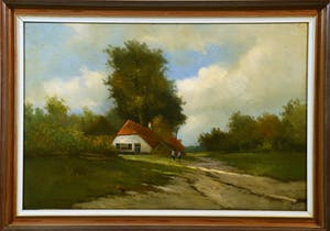 Niet of onleesbaar gesigneerd - Hollands Landschap - Boerderij aan Zandweg - Olieverf op paneel - Signatuur kopen? Bied vanaf 1!