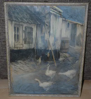 Theo Dijkwel - litho - ganzen op een erf - ingelijst kopen? Bied vanaf 35!