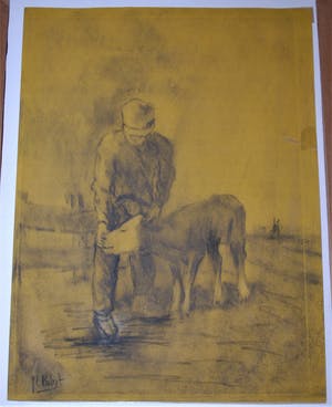 Johannes Cornelis Pabst - Boer voert een kalf, een molen in de achtergrond - *Heijdenrijk lijst* kopen? Bied vanaf 100!