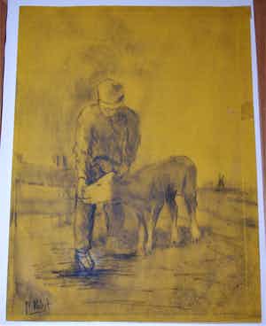 Johannes Cornelis Pabst - Boer voert een kalf, een molen in de achtergrond - *Heijdenrijk lijst* verkocht voor € 100!