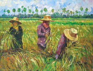 Niet of onleesbaar gesigneerd - Acryl op doek, Thai farmers are harvesting their rice - Ingelijst kopen? Bied vanaf 1!