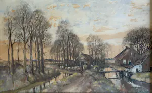 Herman Paradies - Landschap met boerderij, boer en schapen. kopen? Bied vanaf 550!