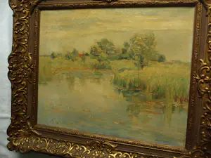 Albert Mulder - Olieverf op doek, Landschap aan het water – Lijst, 60 x 70 cm. kopen? Bied vanaf 20!